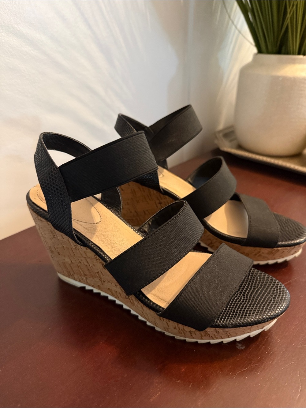 Women’s Black Elastic-Strap Cork Wedge Sandals